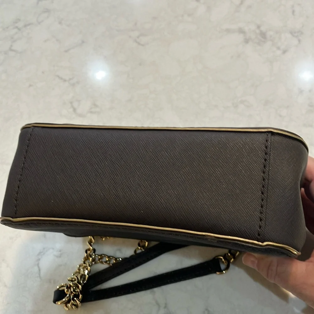 Rare Michael Kors Brown Saffiano Leather/ Gold, Adjustable Gold Chain Strap- New